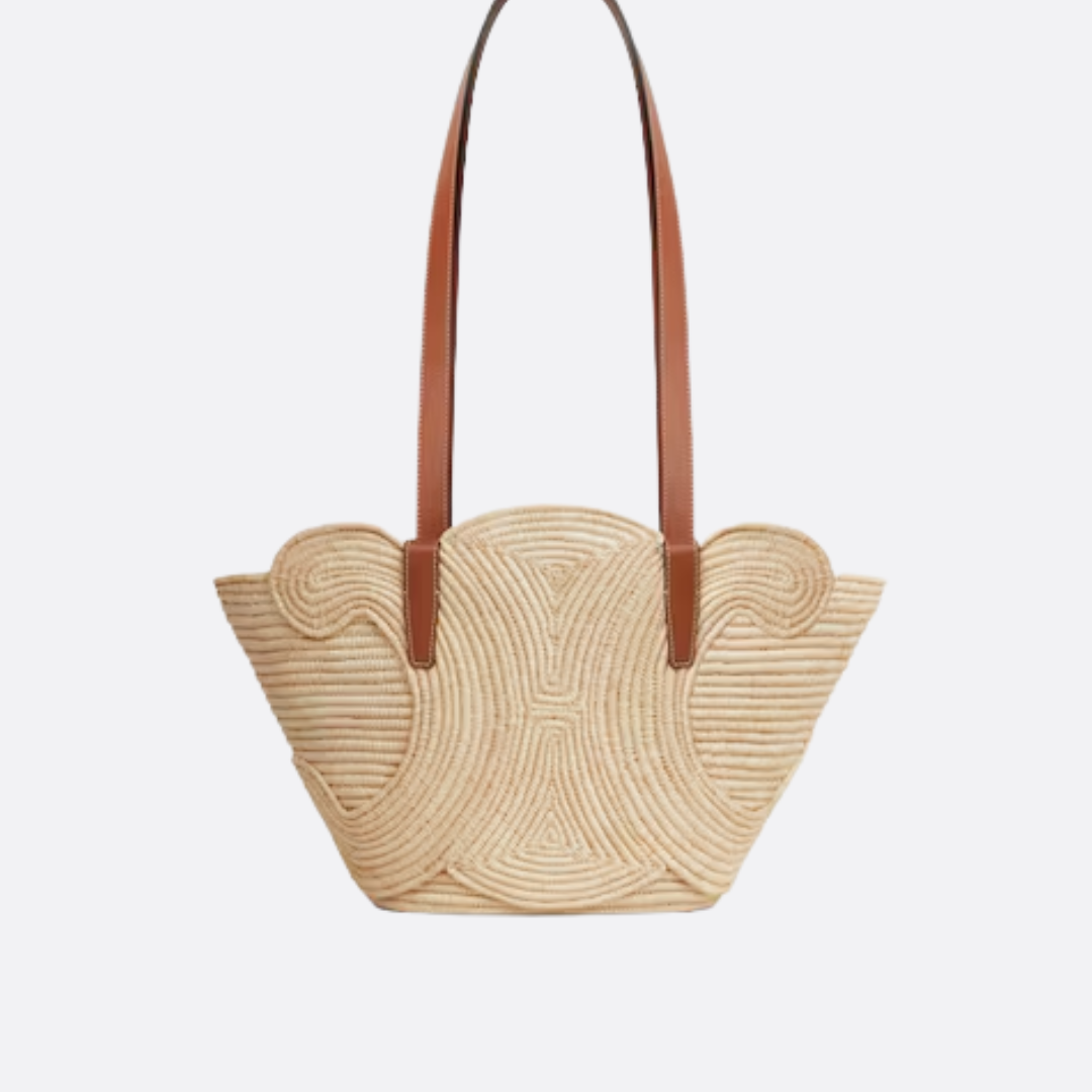 CELINE KLASSISCHER PANIER-KORB IN KLEIN MIT GEFLOCHTENEM TRIOMPHE AUS RAFFIA UND KALBSLEDER