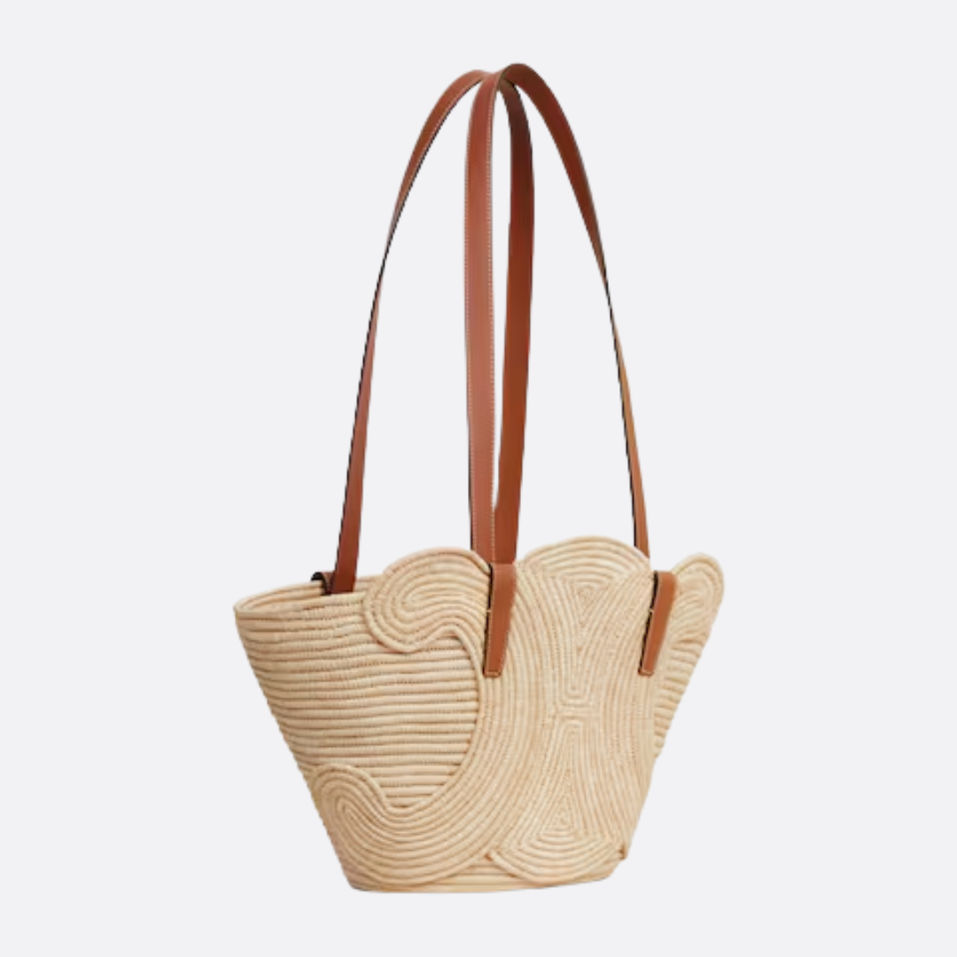 CELINE KLASSISCHER PANIER-KORB IN KLEIN MIT GEFLOCHTENEM TRIOMPHE AUS RAFFIA UND KALBSLEDER