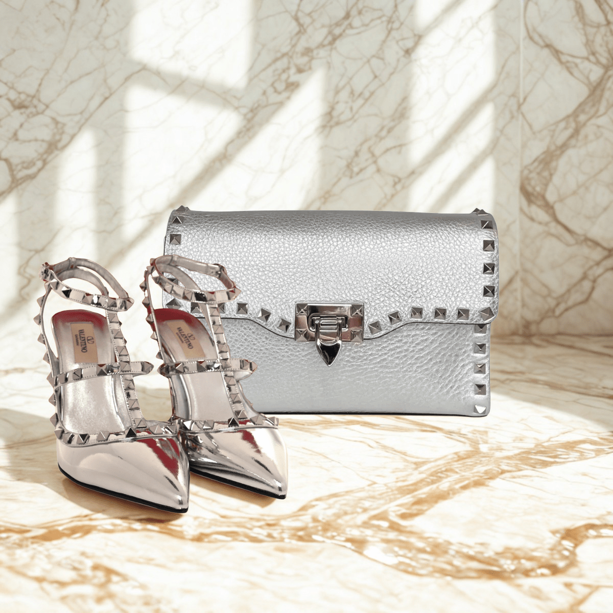 Valentino – Rockstud Silver Tasche & Pumps Set