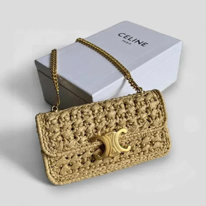 Céline – Claude Schultertasche mit Kette aus Raffia-Effekt