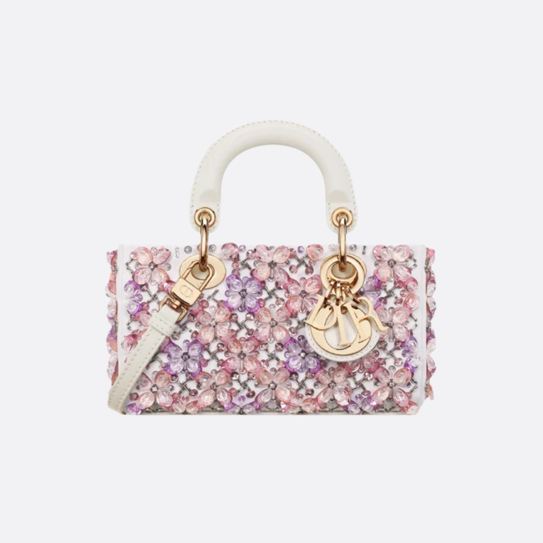 Dior Lady D-Joy Micro Bag in White Calfskin with Pink Floral Embroidery and Strass