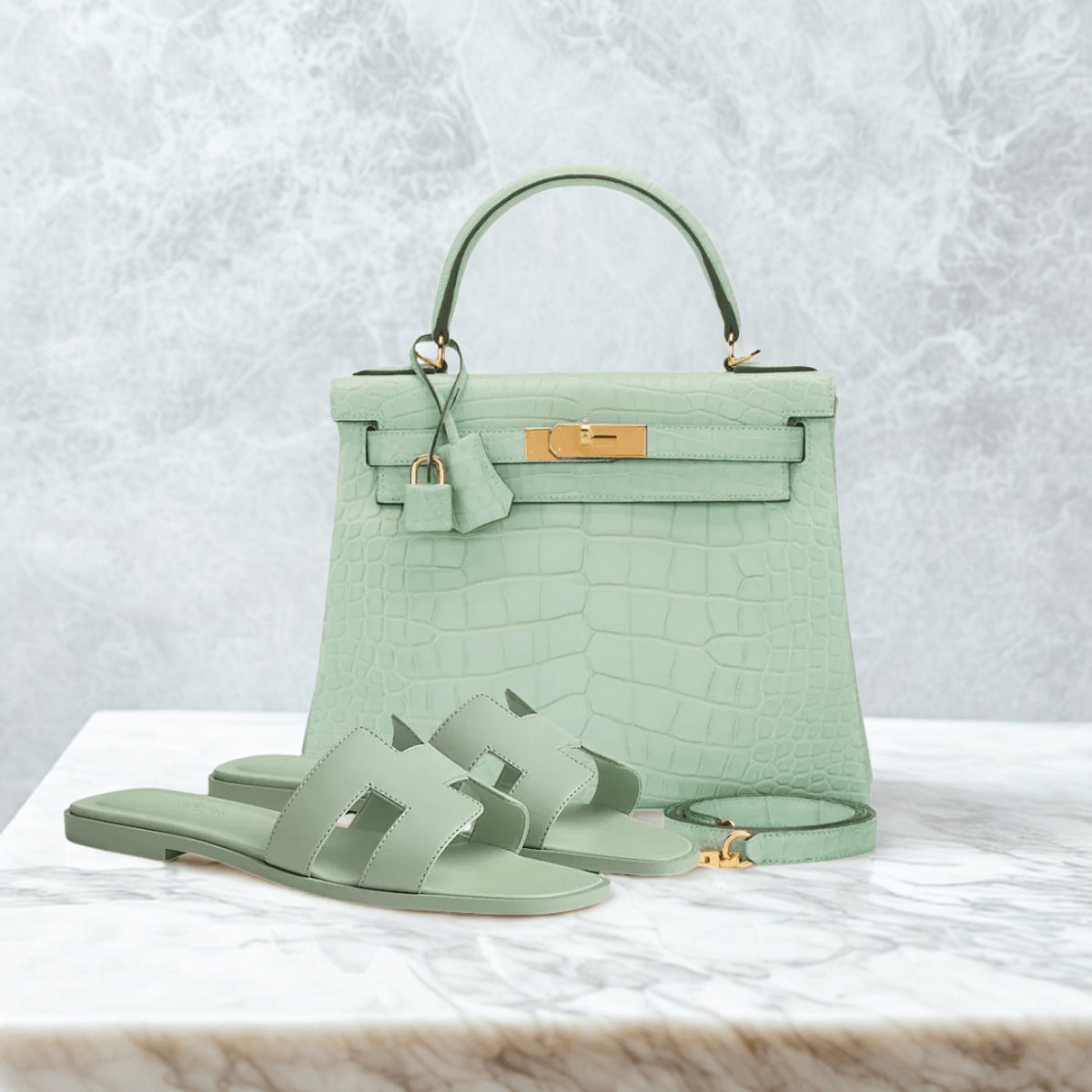 Hermès Set – Kelly 28 Vert d’Eau Alligator Limitierte Edition & Oran Sandalen Grün