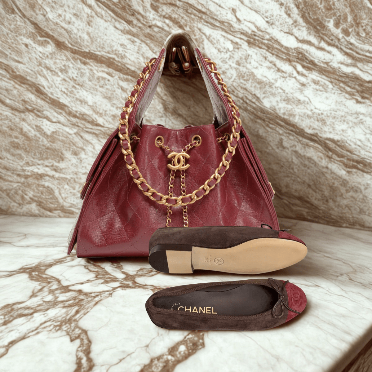 Chanel 25 Bordeaux Caviar & Ballerina Flats Set